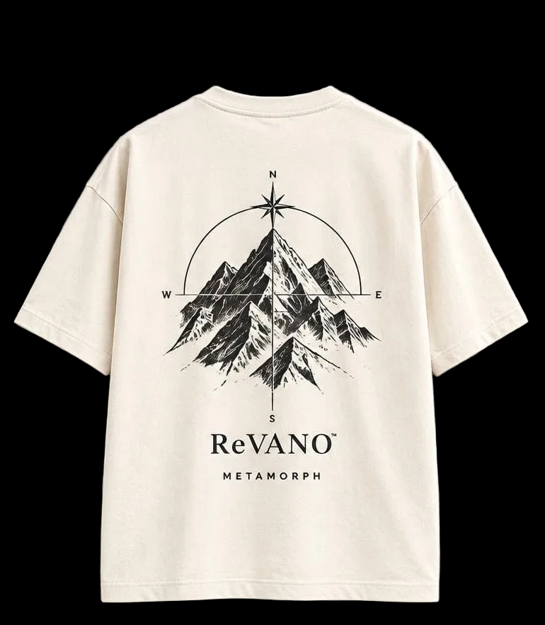 An off-white short-sleeve t-shirt with a black graphic print on the back, featuring a compass rose over a mountain illustration and the text 'ReVANO METAMORPH'.