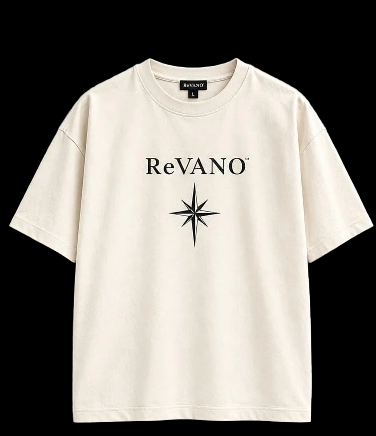 An off-white short-sleeve t-shirt with 'ReVANO' and a compass rose graphic printed in black on the chest, displayed against a neutral gray background.